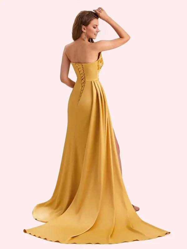 Robe Weitese sexy sirène col en V fente latérale sans bretelles robe longue en satin doux robe de demoiselle d'honneur pour robe de bal de mariage